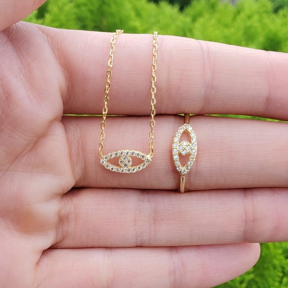 Evil Eye Necklace Gold Diamond Dainty New 925 Sterling Silver Gold Plated - Picture 4 of 6